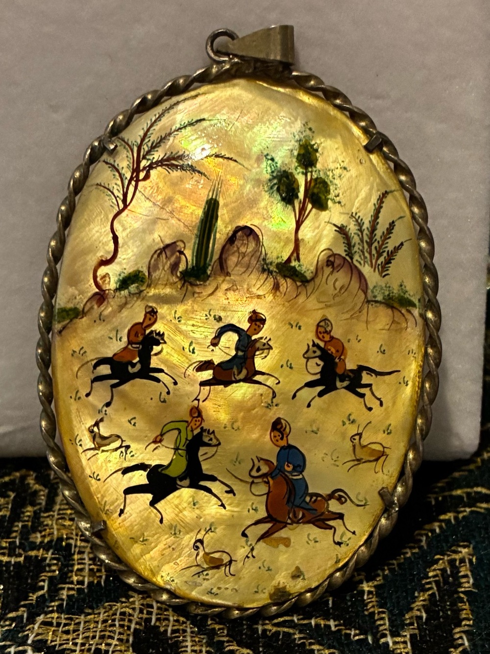 Vintage Persian Hand-Painted Mother of Pearl Pendant